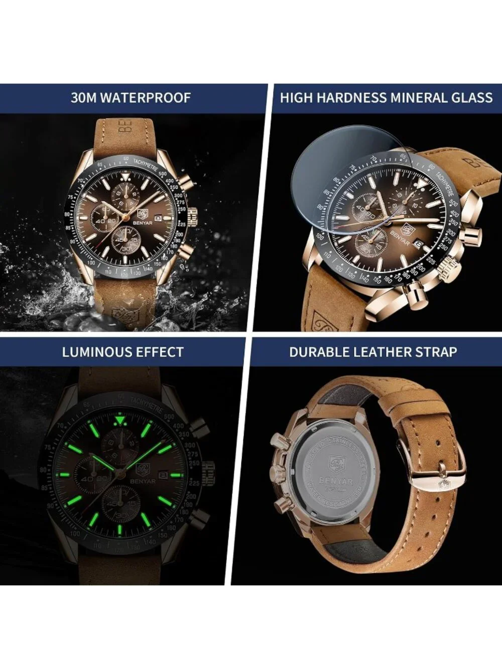Mens Brown Gold Analog Silicone Strap Chronograph Luminous Designer Casual Watch